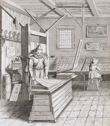 La encuadernación de Laurens Janszoon Koster, grabado por J. van der Velde, publicado en 
